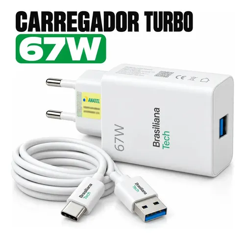 Carregador Turbo 67W Tipo C com Cabo 1m Fonte de Parede Carregamento Rápido Adaptador Tomada Compatível com Xiaomi Redmi Note 7 8 9 10 11 12 Pro Poco X3 Pro M3 Mi 8 9 10 A2 A3 Brasiliana Tech
