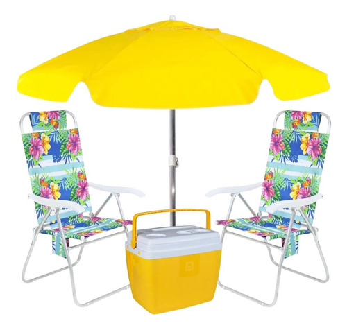 Kit Praia Amarelo Cooler 36l + 2 Cadeiras Florais+guarda Sol