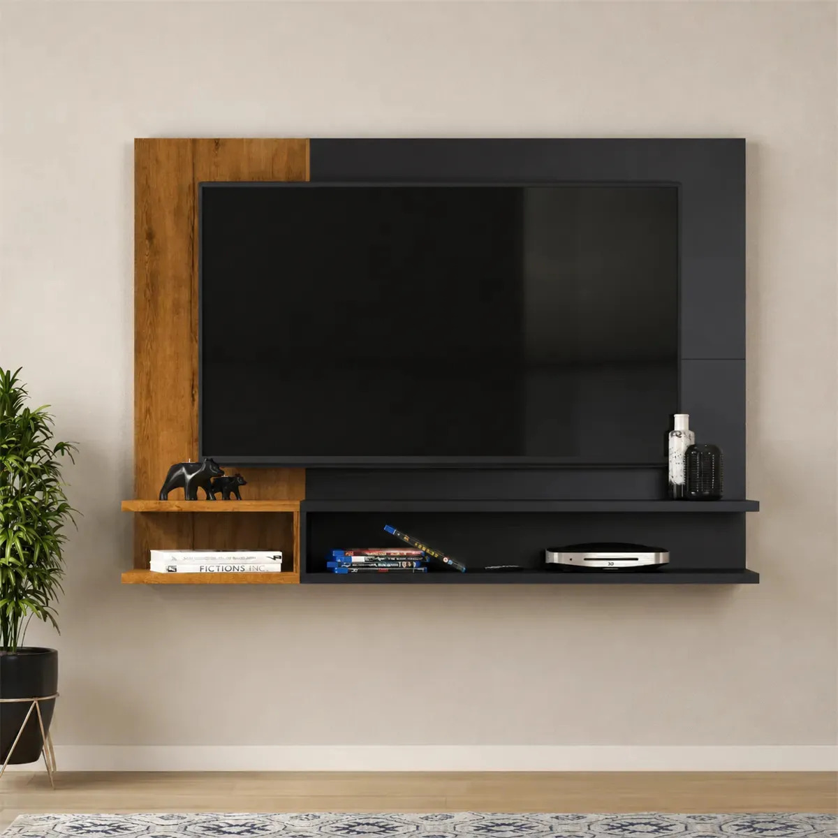 Painel de TV 50 Polegadas Para Sala Quarto 125x90cm 2 Prateleiras Preto/nature