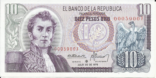 Colombia Reposición 10 Pesos Oro 1 Enero 1976