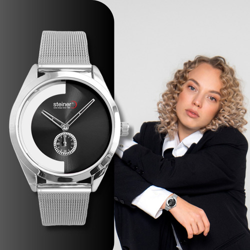 Reloj Steiner Análogo Extensible Malla Plata Acero Inox 3atm Correa Plateado Fondo Negro