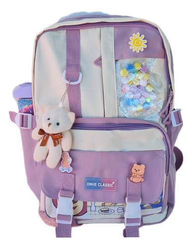 Mochila Escolar Kawaii C Pompones Osito Pins Harajuku Styl 