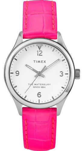 Reloj Para Dama Timex Modelo: Tw2r98200 Correa Rosa Chicle Bisel Gris Fondo Blanco