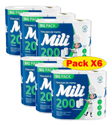 Papel Toalla Cocina Premium Mili 2 Rollos 100 Hojas Pack X6