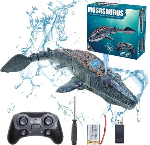 Juguete Mosasaurus De Agua Con Control Remoto – 2.4 GHz, Pulveriza Agua, Batería Recargable, Para Piscina Y Bañera