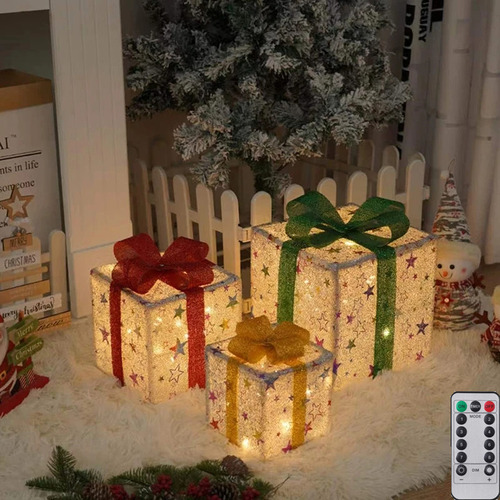 Caja De Regalo De Navidad De 3 Piezas Y 8 Modos Con Luces Le