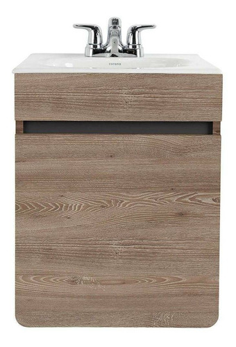 Vanitory Corona Aluvia elevado 1 puerta de 45cm de ancho, 55.5cm de alto y 45cm de profundidad, con bacha color blanco y mueble miel con tres agujeros para grifería