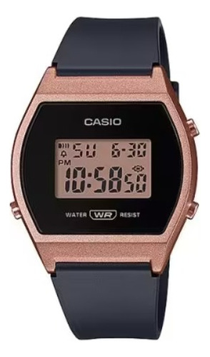 Reloj pulsera Casio Youth LW-204 de cuerpo color oro rosa, digital, fondo rosa, con correa de resina color negro, dial negro, minutero/segundero negro, bisel color oro rosa