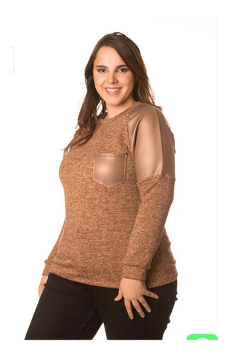 Polera Manga Larga - Lanilla Beige Con Aplicacion Ecocuero