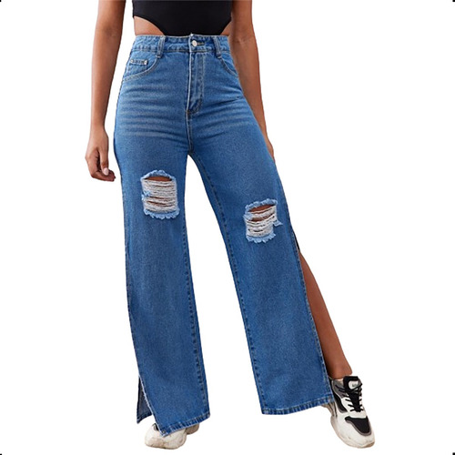 Jeans De Mujer De Pierna Ancha Con Abertura De Cintura Alta