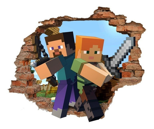 Vinilo Pared Rota 3d Minecraft 1,2x0,95 Mts