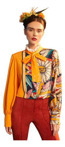 Blusa Elegante Frida Kahlo Estilo Camisa Multicolor