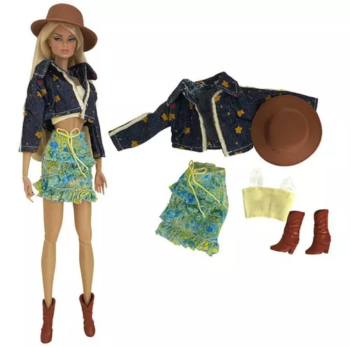 Saia, Blusa, Jaqueta, Chapéu E Bota Para Boneca Barbie Roupa