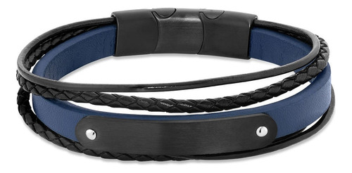 Pulseira Life Masculina Aço E Couro Azul Escuro 19,5 Cm Comprimento 19.5 Cm