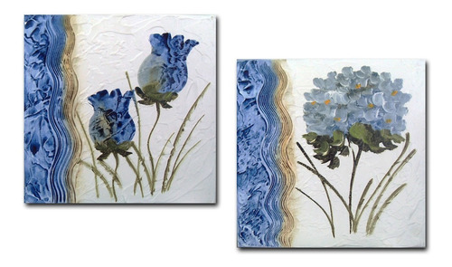 Par De Quadros Para Sala Quarto Floral Azul 30x30cm R1 