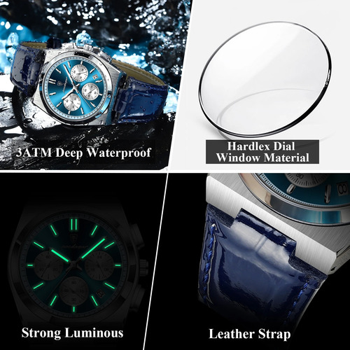 Relojes De Pulsera De Cuarzo De Cuero Azul De Lujo Poedagar