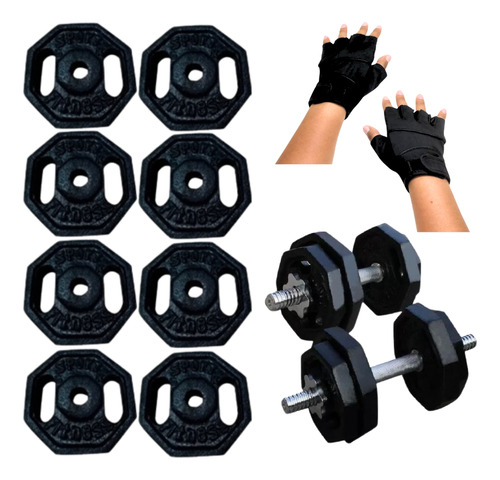 Barra Recta Discos Pesa Guantes+ Manubrio Cromado Pack 36kg