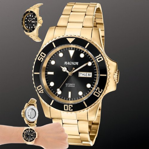 Reloj Magnum Gold para hombre con calendario y bisel de acero inoxidable, igual que el de las imágenes, fondo negro