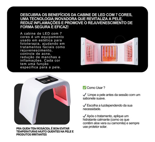 Cabine Cromoterapia Led 7 Cores Tratamento Terapia Facial Instrumento De Beleza De Espectro Colorido Remoção De Acne E Rejuvenescimento Da Pele Com Tecnologia De Fóton Mais Branco Para Sardas