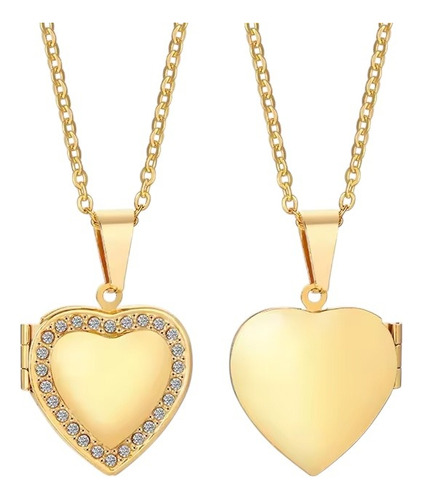 Collar Dije Corazon Medallon Delgado Acero Cristales Charm P Dorado