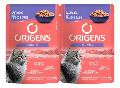 Kit 2un Sachê Origens Para Gato Adulto Castrado Frango 85g