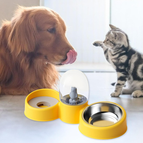 Cuencos Para Perros Y Gatos 2 En 1, Dispensador Amarillo