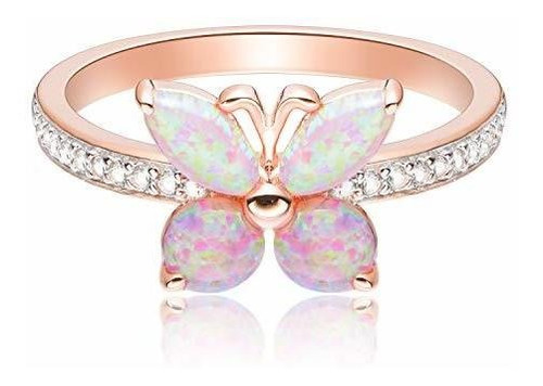 Anillo Mariposa Oro Rosa 14k Con Opalo Rosa Y Zafiro Creado
