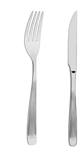 Juego de cubiertos de acero inoxidable. 12 tenedores principales 21 cm, 11 cucharas  soperas 20 cm. 10 cucharas de postre 18 cm.