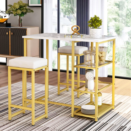 Juego De Mesa De Bar Moderno Con 2 Taburetes Y Estantes