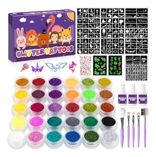 Kit De Tatuajes Temporales Con Purpurina Y Efecto Glow – 36 Colores, 178 Plantillas, Para Niñas