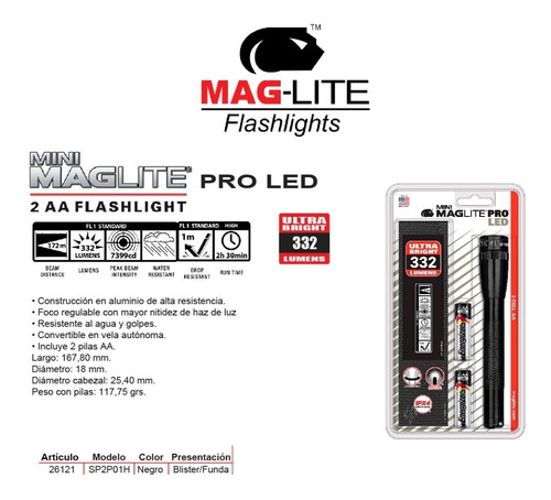 Imagen 2 de 10 de Linterna Led Maglite Mini Pro 272 Lumens Sp2p01h 2aa