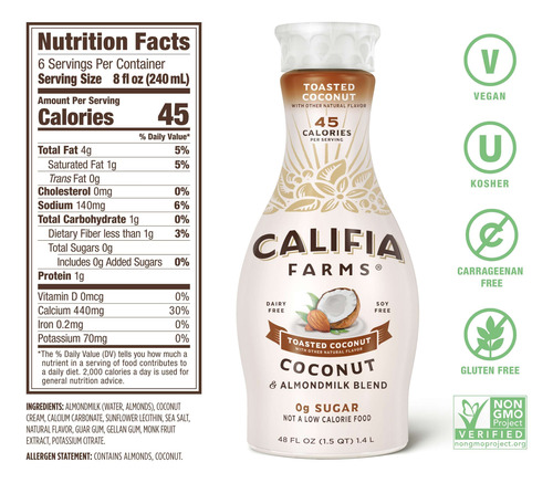 Califia Farms Cero Azúcar, Leche De Coco Y Almendras 1.4 L.