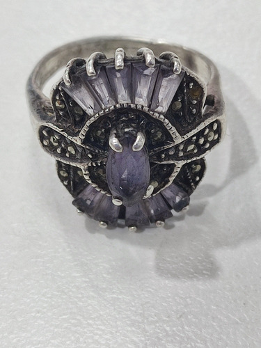 Anillo Antiguo De Plata Con Amatistas Cirte Baguet (Usado)
