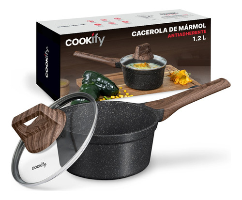 Olla Cacerola Antiadherente 16 Cm Con Tapa Cookify 1.2 Lts. | Stone-tech Series | Libre De Pfoa, Cocción Uniforme, Mango Ergonómico. Color Mármol Negro