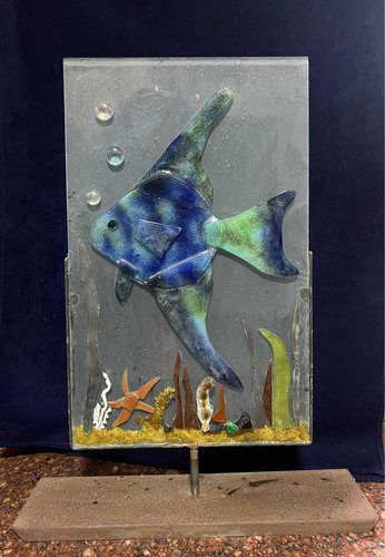 Escultura De Pez Azul Grande En Vidrio Con Base Metálica
