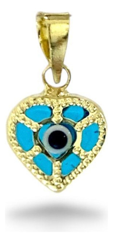 Dije De Oro 14k, Corazon Med Con Ojo Turco, Estambul Joya Color Celeste