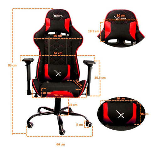 Imagen 4 de 4 de Silla de escritorio Xzeal XZ25 gamer ergonómica negra y roja con tapizado de tela