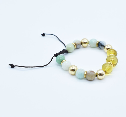 Pulsera De Hilo Ajustable Con Ámbar Y Piedras Naturales. Diámetro 9   Largo 15