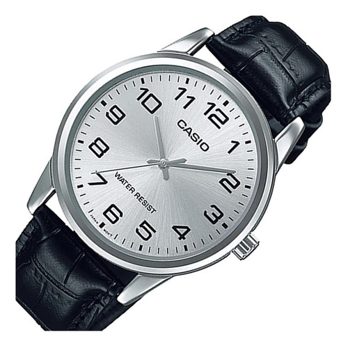 Reloj de pulsera Casio Enticer MTP-V001 de cuerpo color plateado, analógico, para hombre, fondo plateado, con correa de cuero color negro, agujas color plateado, dial negro, minutero/segundero negro, bisel color plateado y hebilla simple