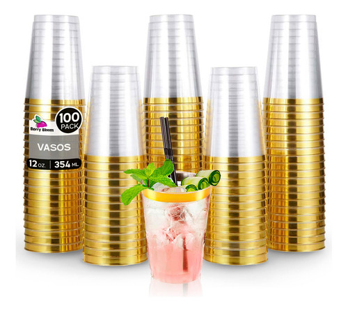100 Vasos Berry Bloom de Plástico de 12 Onzas Reutilizables con Borde Dorado Copas Elegantes para Fiestas, Bodas, Postre, Cócteles, Vino