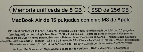 Apple Macbook Air 15 Pulgadas Chip M3, 8gb Ram, 256 Gb Silver