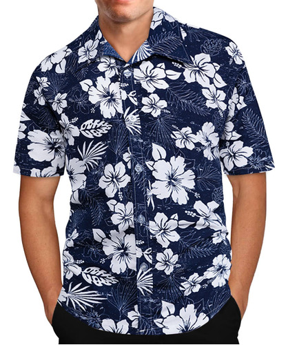 Camisa De Manga Corta Con Solapa Y Estampado Hawaiano Para H