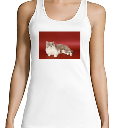 Musculosa Mujer Gato Gris Blanco Acostado Suelo Rojo