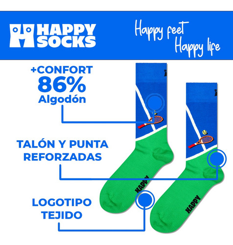 Calcetines Happy Socks Originales Tenis Unisex Raqueta Multicolor Estampado 26 - 30 Cm