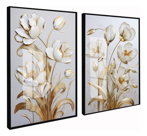Kit2  Quadros Decorativos Flores Douradas Moderno Com Vidro