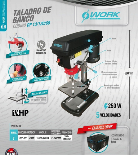 Taladro De Banco O Columna 1/2 250w 5 Velocidades Worktools