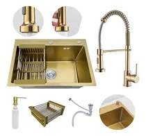 Comprar Cuba Pia Bancada Completa Com Acessórios Cozinha Gourmet + Torneira Monocomando Misturador Extensível Flexível Aço Inox Cor Dourada Brinovar