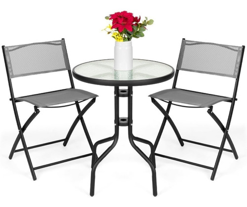 Set De Sillas Plegables Con Mesa De Cristal Color Gris