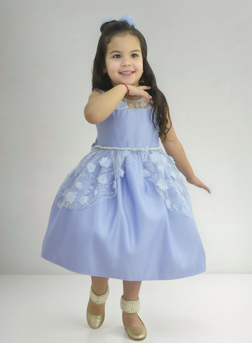Kit Vestido Azul Serenity Tule + Saia Filó + Laço Cabelo