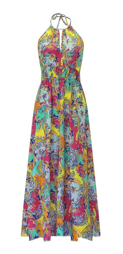 Dama's Sleeveless Halter Neck Maxi Dress Vintage Ethnic